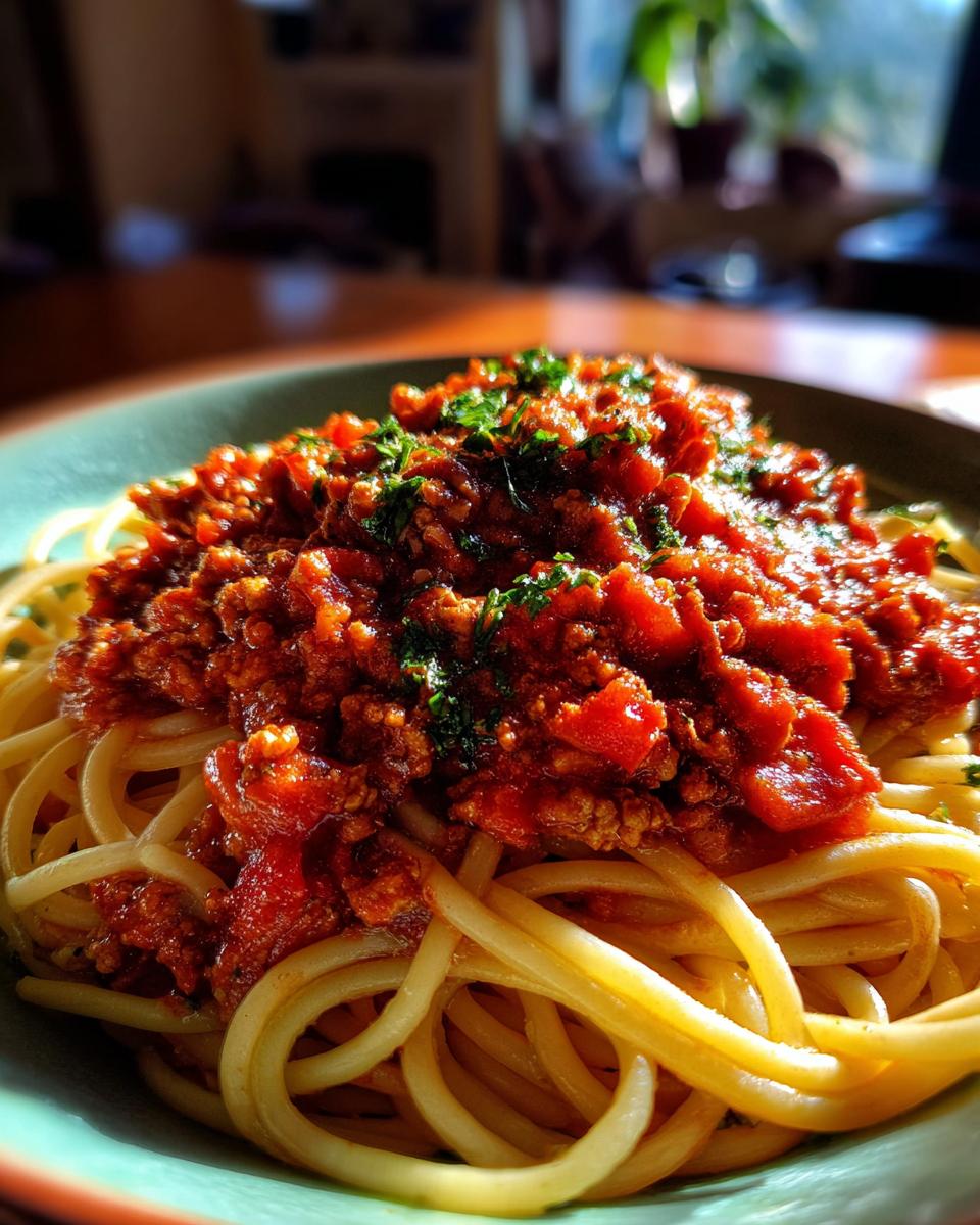 A plate of spaghetti topped with flavorful Turkey Bolognese, garnished with fresh herbs.
