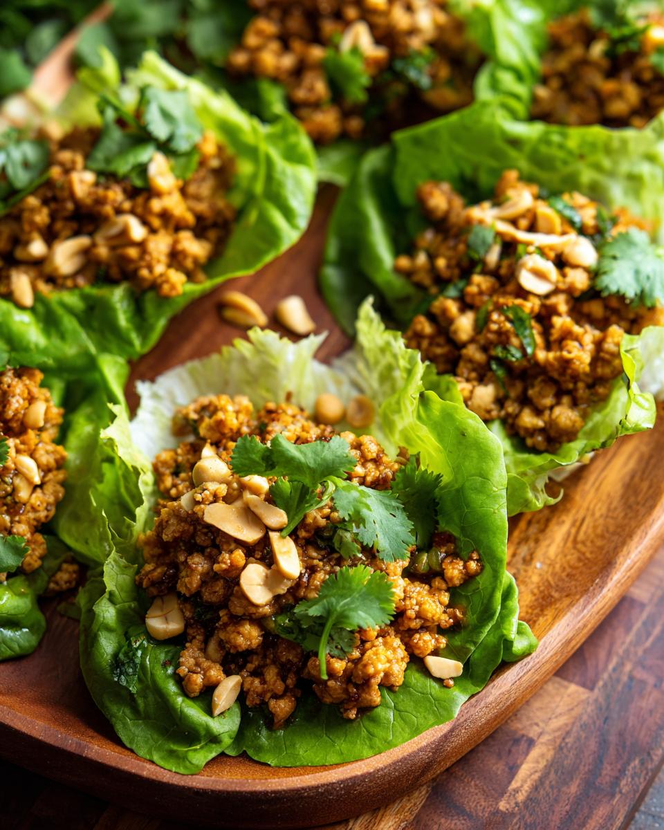 Close-up of Turkey Lettuce Wraps (PF-Style) on a wooden platter, garnished with peanuts and cilantro.