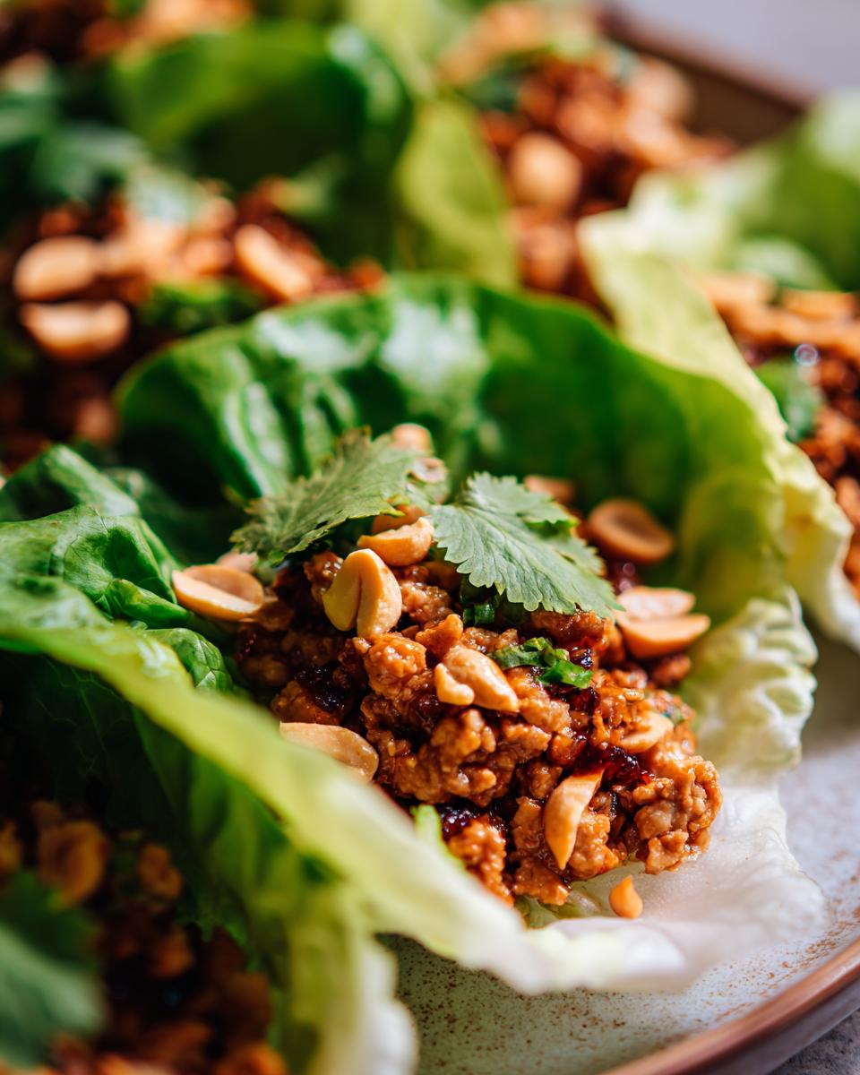 Close-up of flavorful Turkey Lettuce Wraps (PF-Style) with peanuts and cilantro.