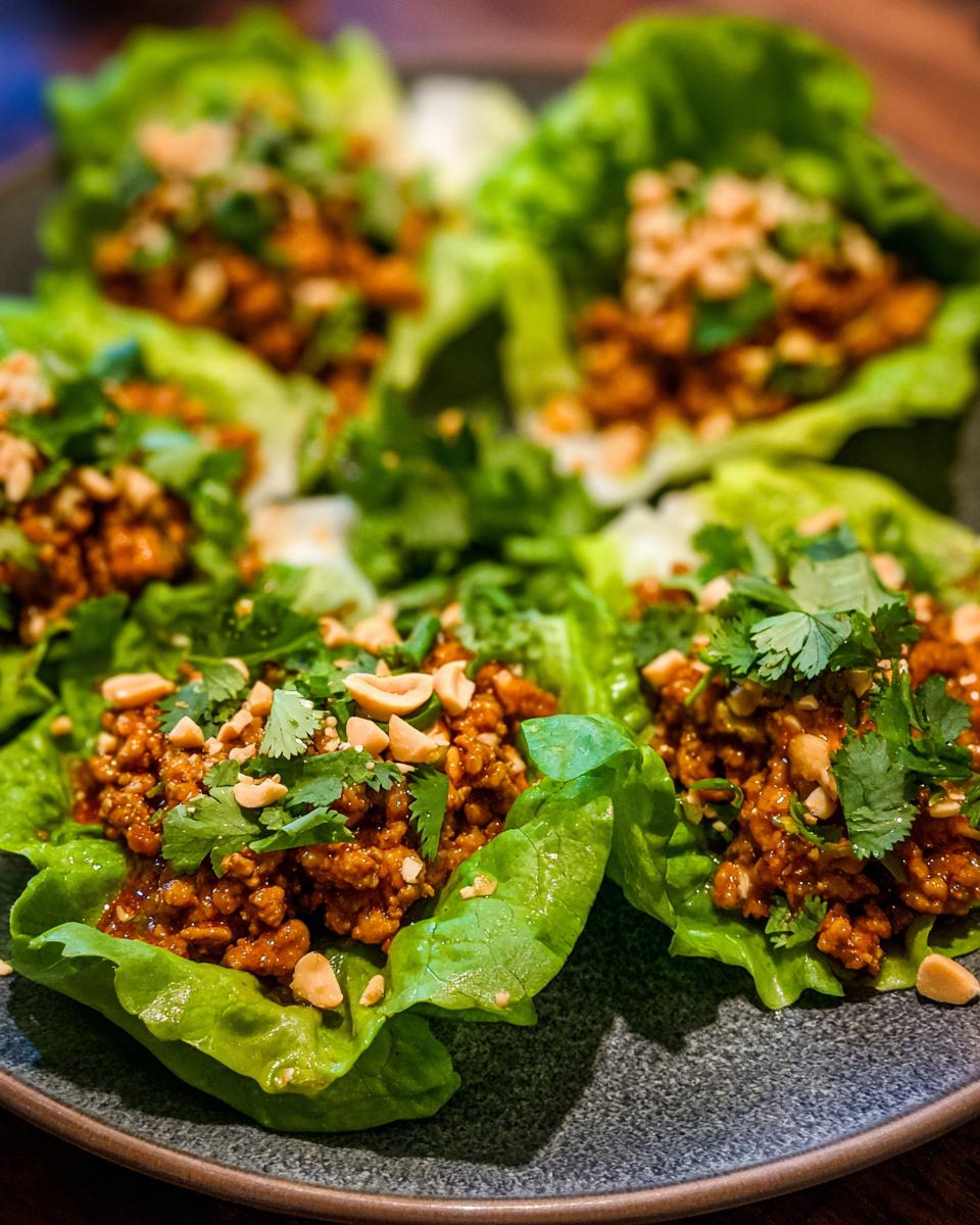Close-up of Turkey Lettuce Wraps (PF-Style) filled with seasoned ground turkey, peanuts, and cilantro.