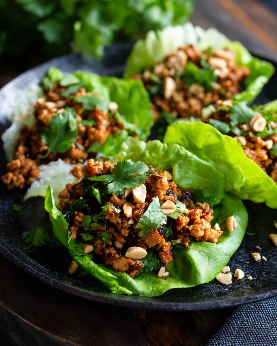 Close-up of Turkey Lettuce Wraps (PF-Style) garnished with peanuts and cilantro on a black plate.