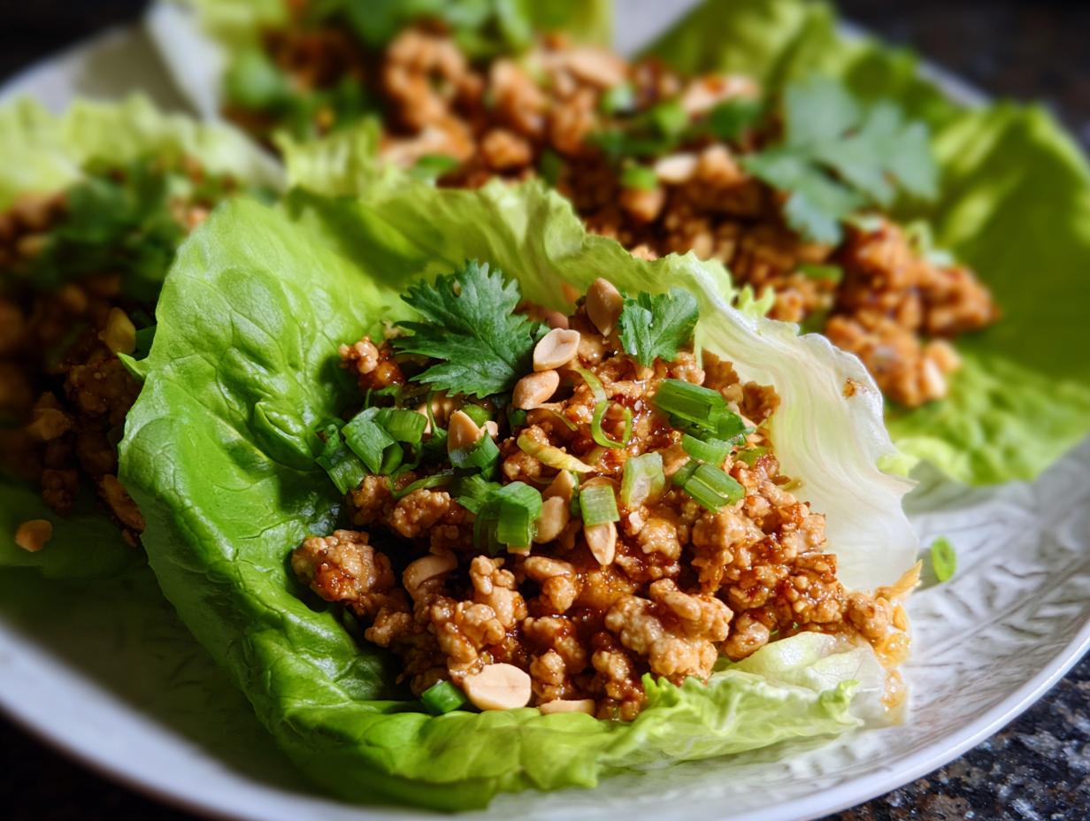 Close-up of Turkey Lettuce Wraps (PF-Style) with ground turkey, peanuts, and green onions in crisp lettuce cups.