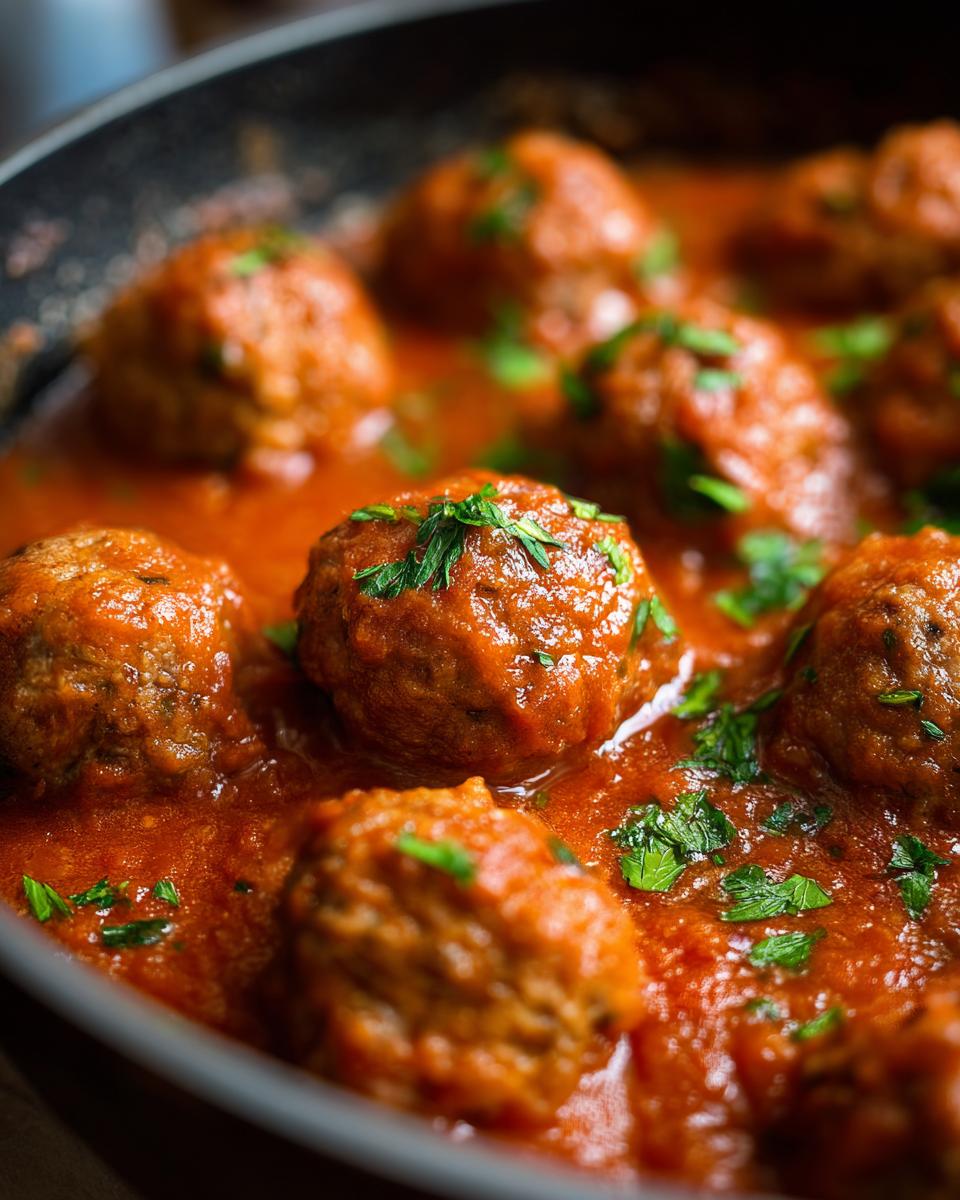 Close-up of delicious Turkey Meatballs In Marinara sauce, garnished with fresh parsley.