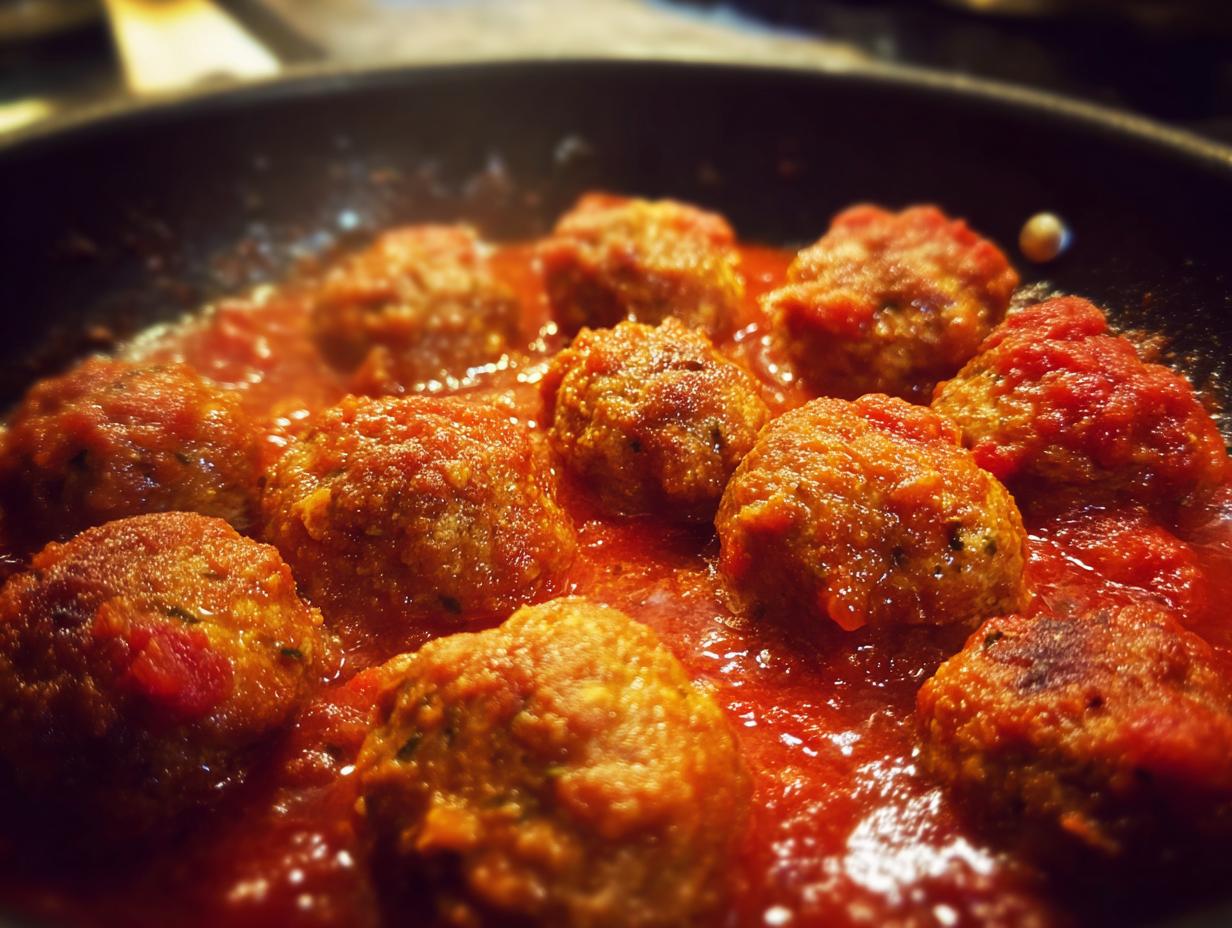 Close-up of juicy Turkey Meatballs In Marinara simmering in a pan, ready to serve.