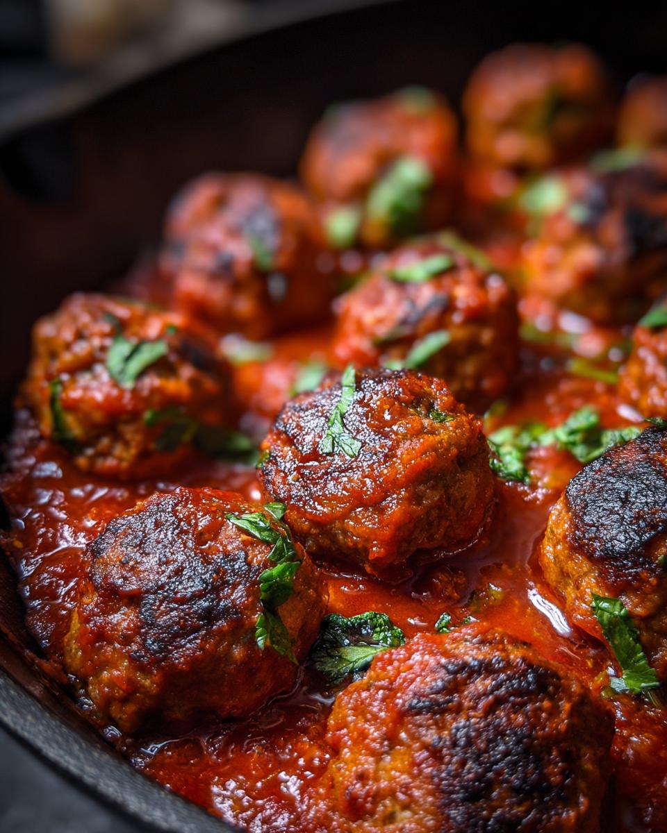 Close-up of delicious Turkey Meatballs In Marinara sauce, garnished with fresh herbs.