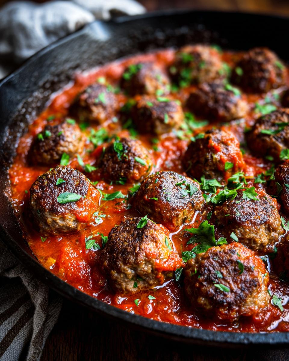 Close-up of Turkey Meatballs In Marinara sauce, garnished with parsley in a cast iron pan.