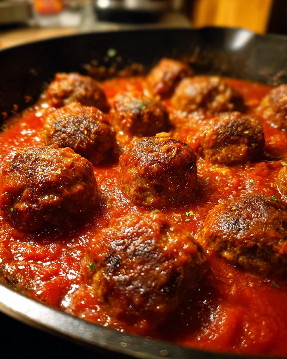 Close-up of delicious Turkey Meatballs In Marinara sauce simmering in a cast iron skillet.