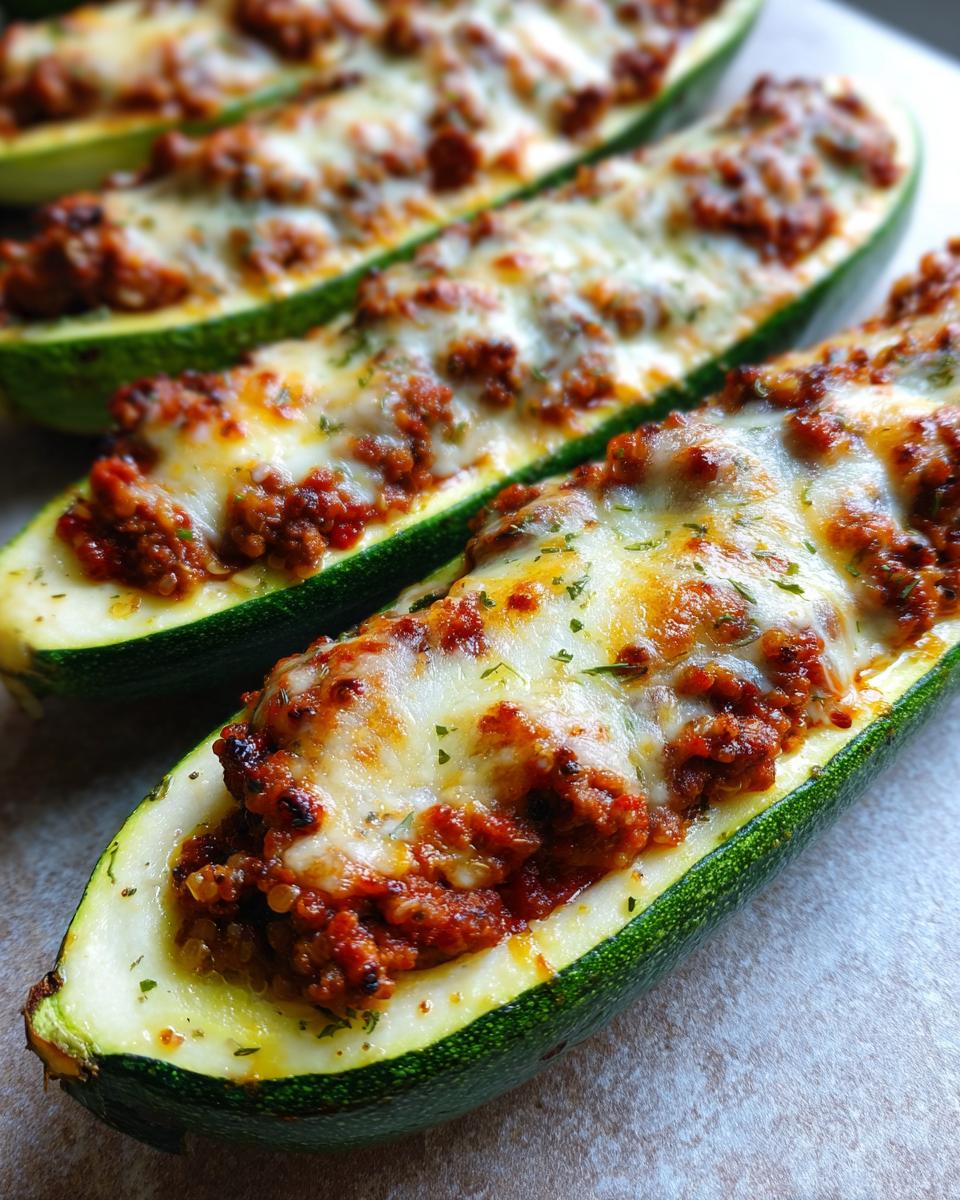 Close up of Turkey & Quinoa Stuffed Zucchini Boats topped with melted cheese and herbs.