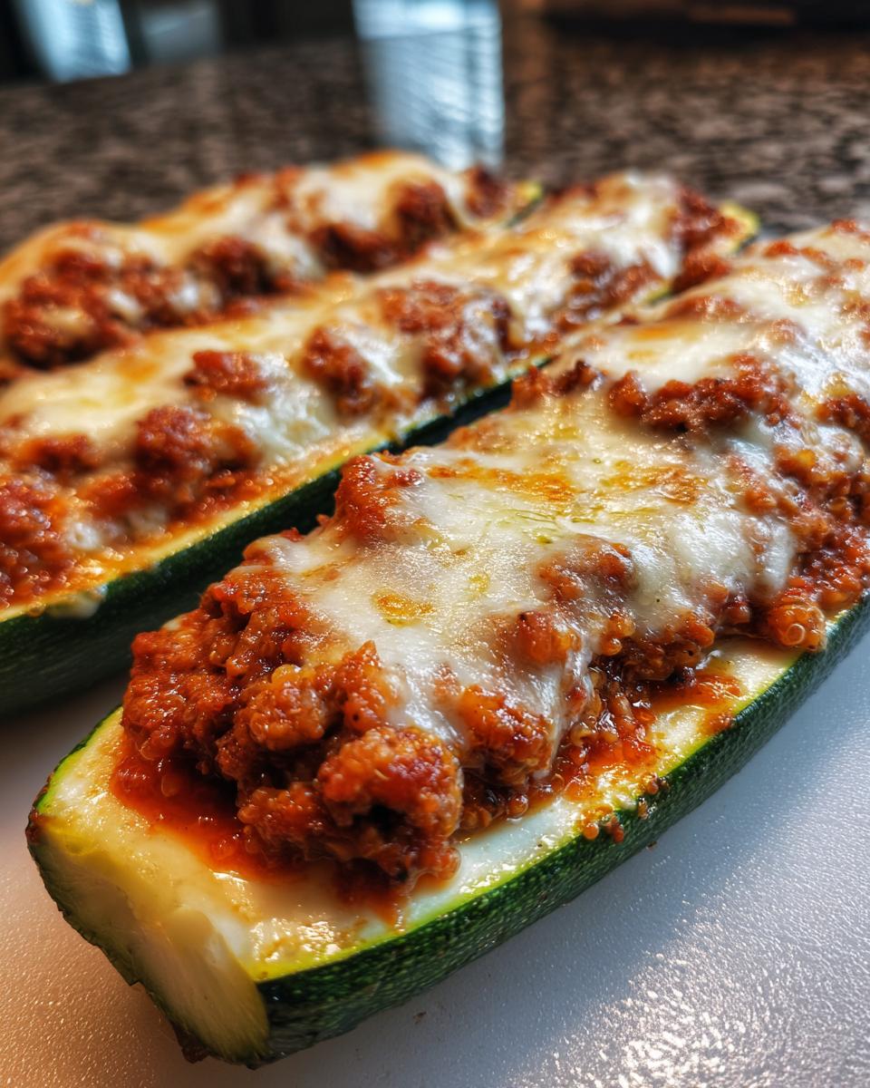 Two Turkey & Quinoa Stuffed Zucchini Boats topped with melted cheese, ready to eat.