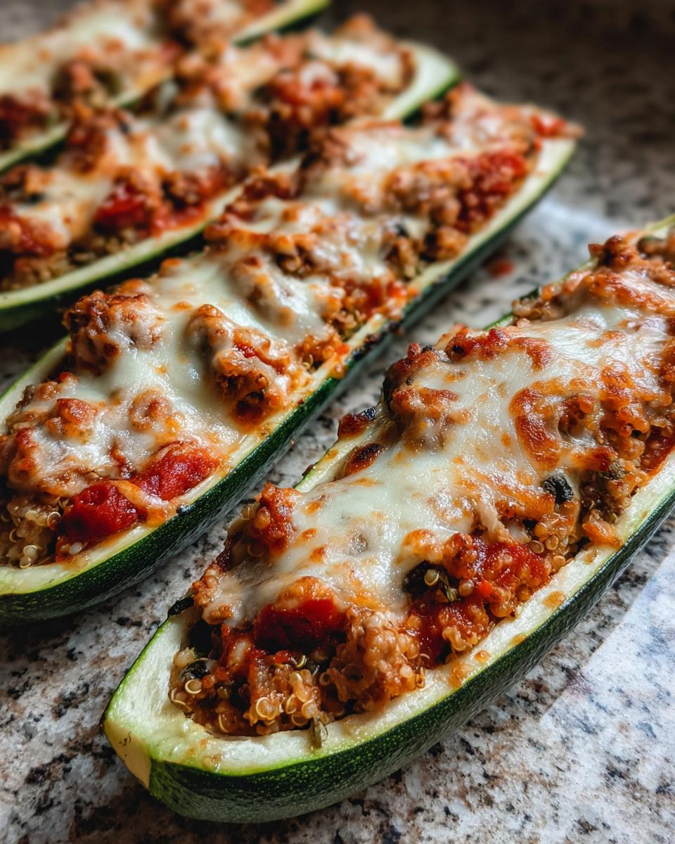 Three Turkey & Quinoa Stuffed Zucchini Boats topped with melted cheese on a speckled surface.