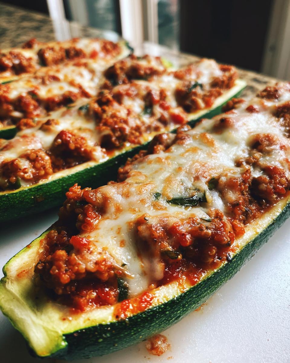 Close-up of Turkey & Quinoa Stuffed Zucchini Boats topped with melted cheese, ready to eat.