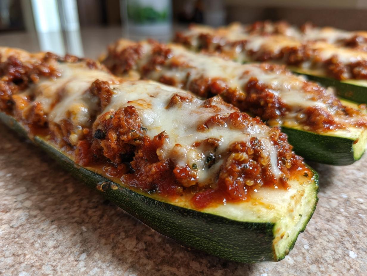 Close-up of cheesy Turkey & Quinoa Stuffed Zucchini Boats on a counter, ready to be served.