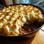 A delicious Turkey Shepherd’s Pie with Light Mash in a cast iron skillet, showing the turkey filling and mashed potato topping.