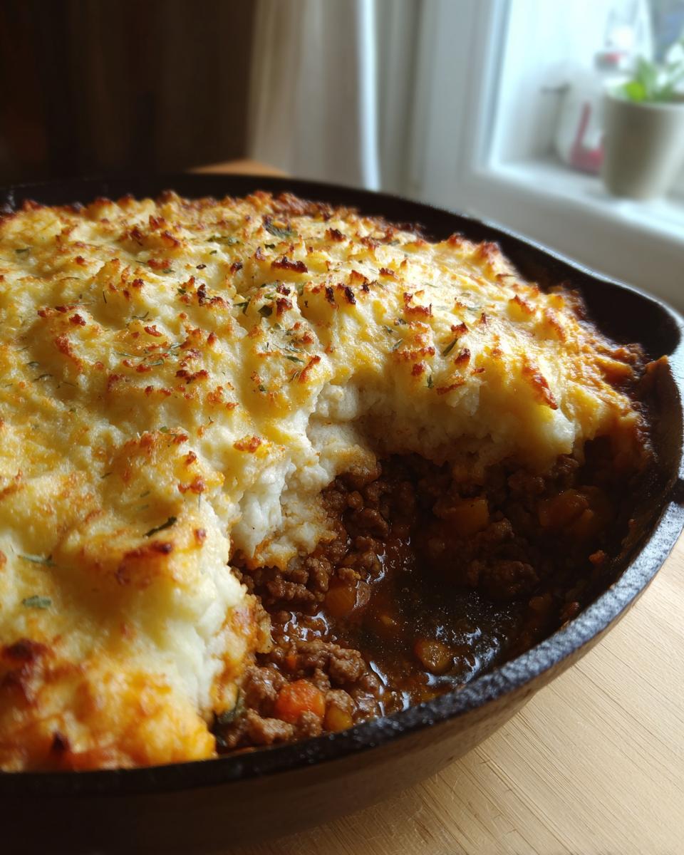 Close-up of Turkey Shepherd’s Pie with light mash in a skillet, showing the turkey filling and mashed potato topping.