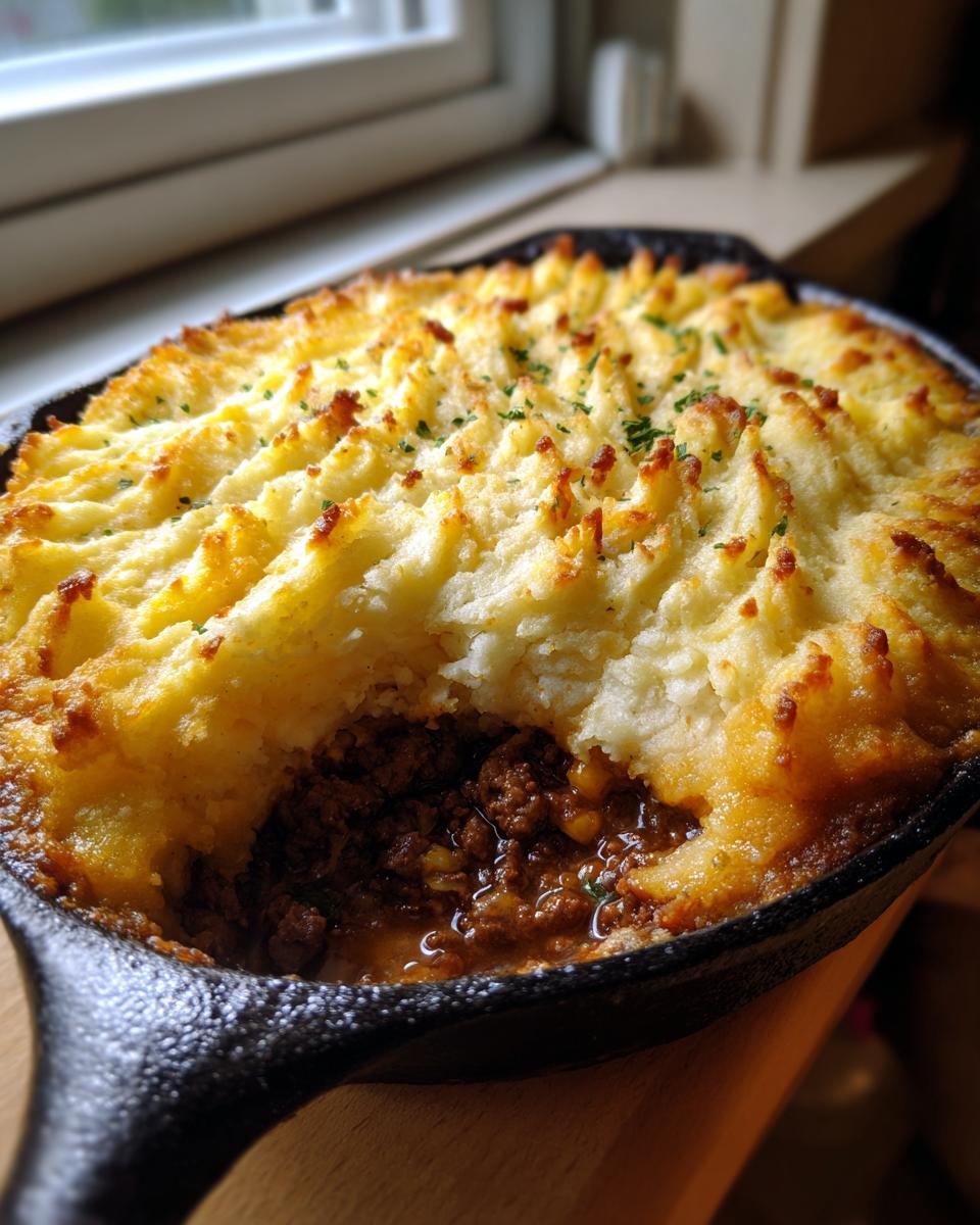 Close-up of Turkey Shepherd’s Pie (Light Mash) in a cast iron skillet, showing the filling and mashed potato topping.