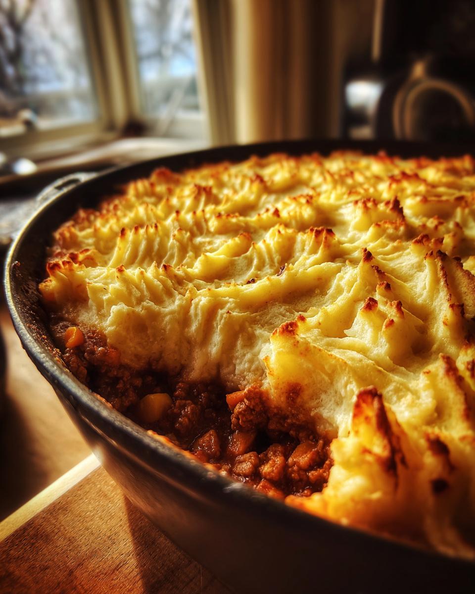 Close-up of a Turkey Shepherd’s Pie (Light Mash) in a cast iron skillet, showing the turkey filling and mashed potato topping.
