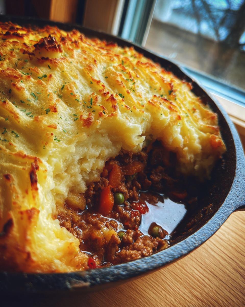Close-up of a Turkey Shepherd’s Pie with Light Mash, showing the turkey filling and mashed potato topping.