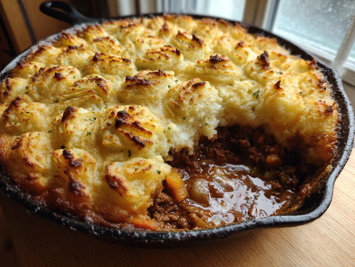 A delicious Turkey Shepherd’s Pie with light mash topping, baked in a cast iron skillet.