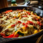 Close-up of a Turkey & Veggie Zucchini Skillet in a cast iron pan, topped with melted cheese.