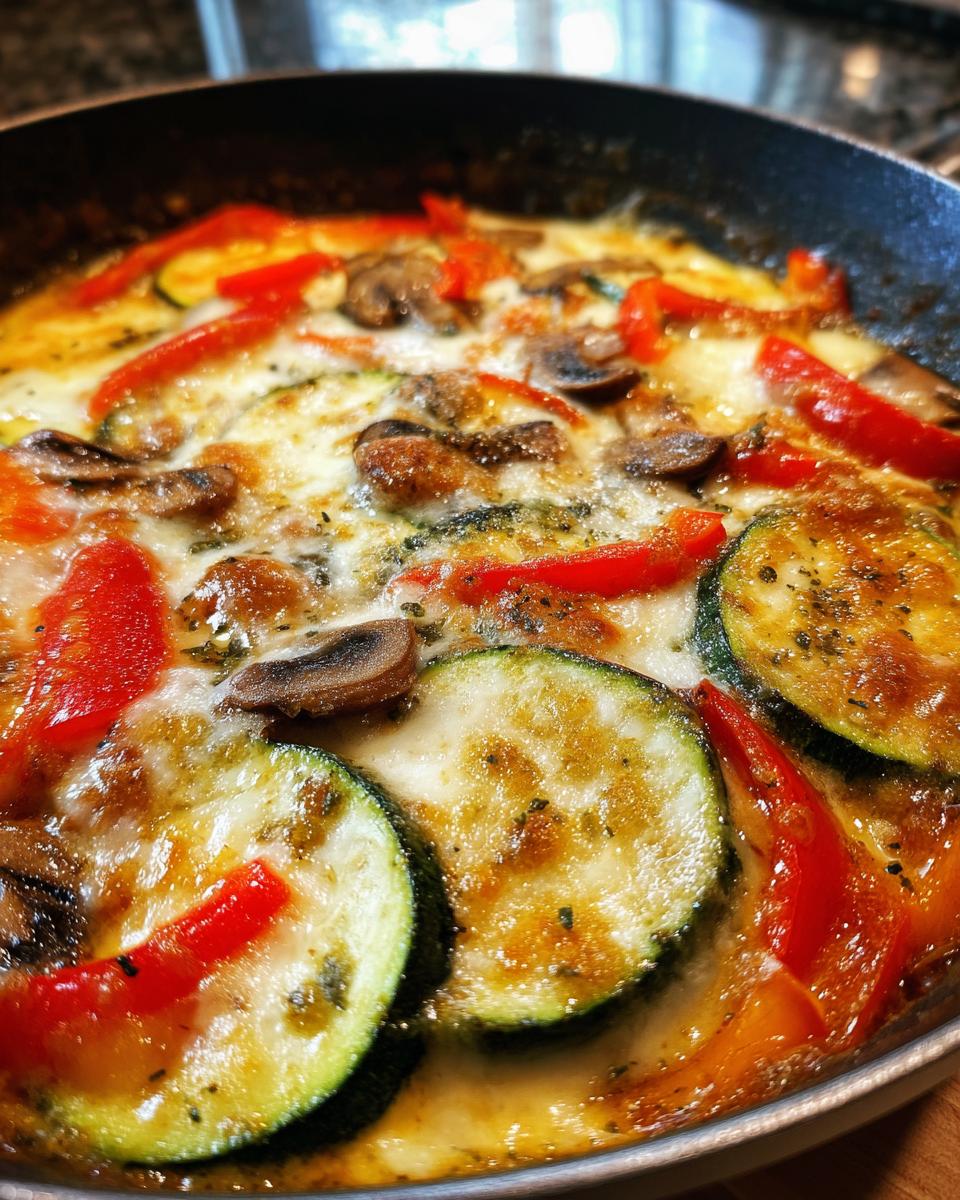 Close-up of a Turkey & Veggie Zucchini Skillet with zucchini, red peppers, mushrooms, and melted cheese.