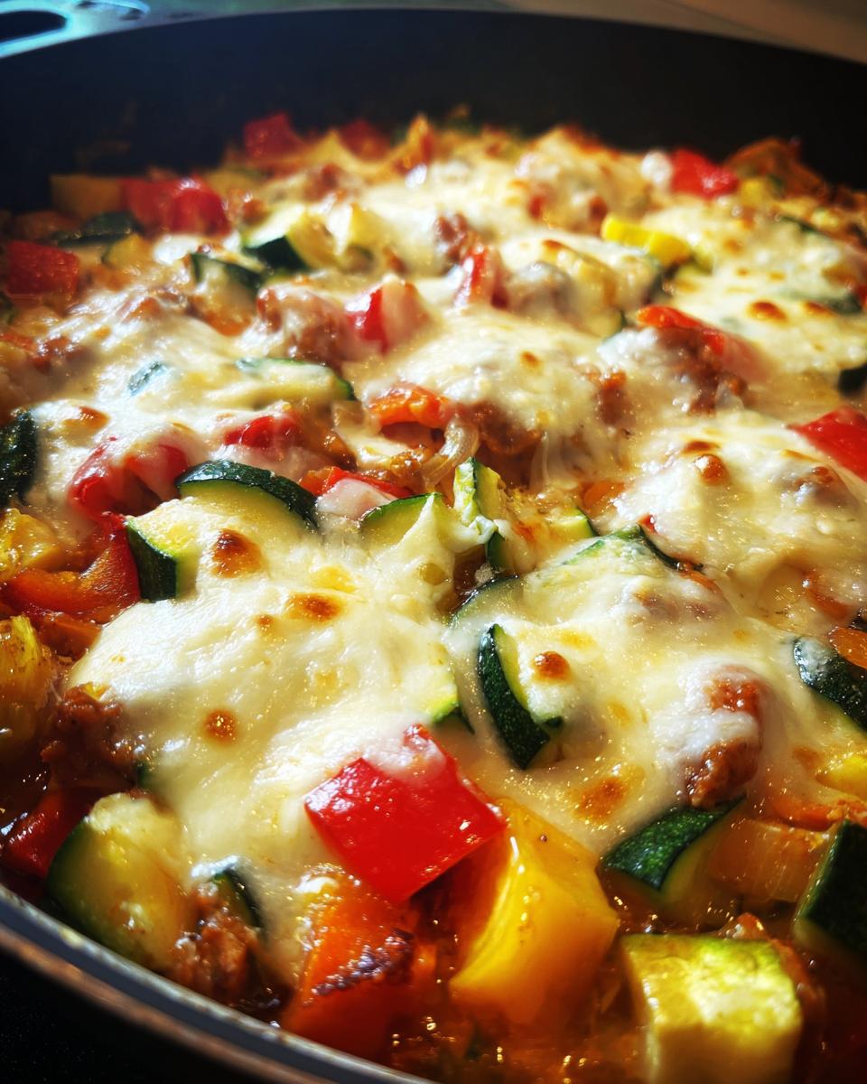 Close-up of a Turkey & Veggie Zucchini Skillet with melted cheese, zucchini, peppers, and turkey.