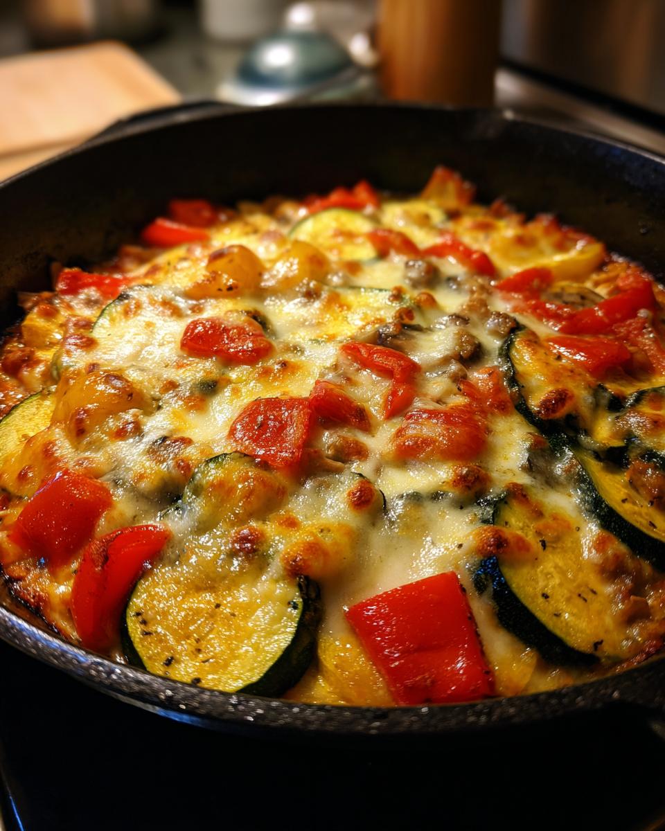 A close-up of a cheesy Turkey & Veggie Zucchini Skillet in a cast iron pan, featuring zucchini, red peppers, and melted cheese.