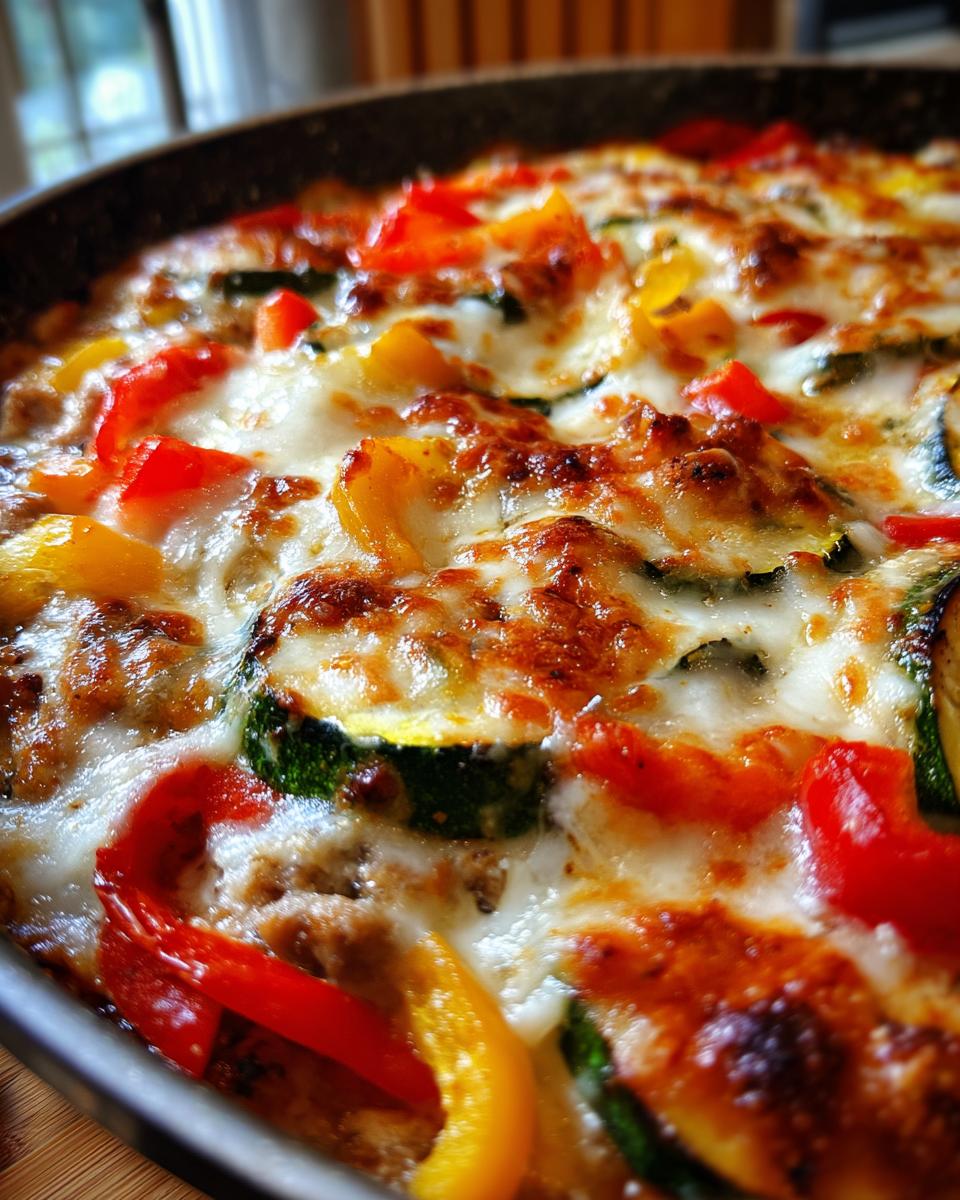 A close-up of the cheesy Turkey & Veggie Zucchini Skillet with peppers and zucchini.