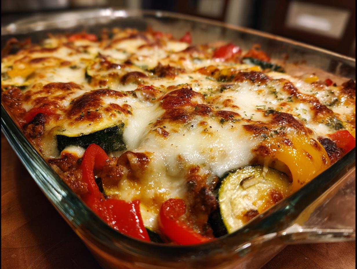 Close-up of a cheesy Turkey & Veggie Zucchini Skillet in a glass baking dish, featuring zucchini, peppers, and melted mozzarella.