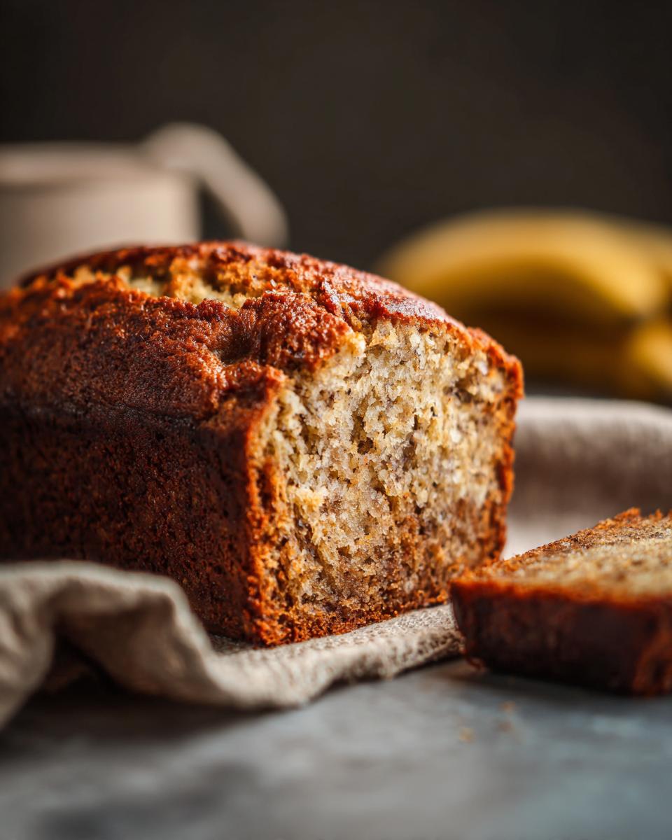 A loaf of freshly baked Ultimate Banana Bread, with a slice cut, sitting on a linen cloth.
