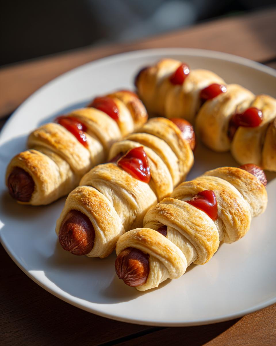 A plate of Whole-Wheat Mummy Dogs, baked and topped with ketchup 'eyes'.