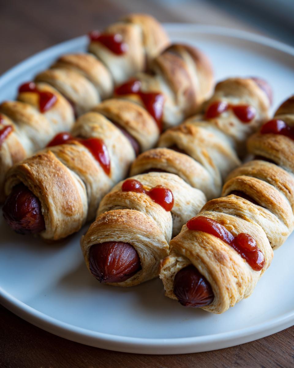 A batch of Whole-Wheat Mummy Dogs arranged on a white plate, topped with ketchup.