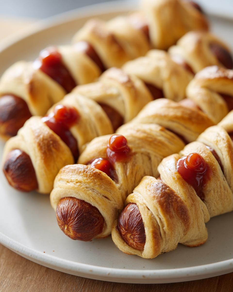Close-up of several Whole-Wheat Mummy Dogs with ketchup 'eyes' on a white plate.