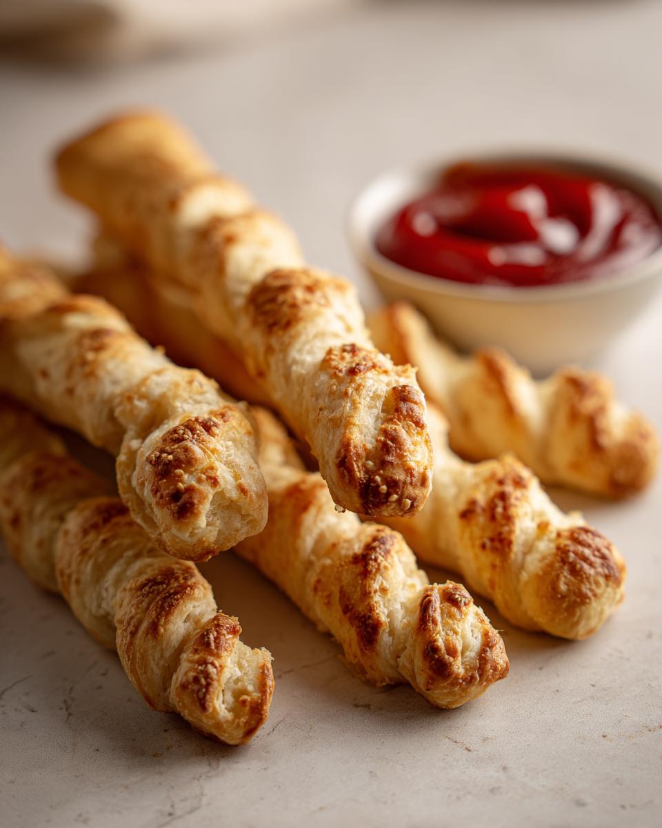 Close-up of Witch-Finger Breadsticks served with a bowl of red dipping sauce.