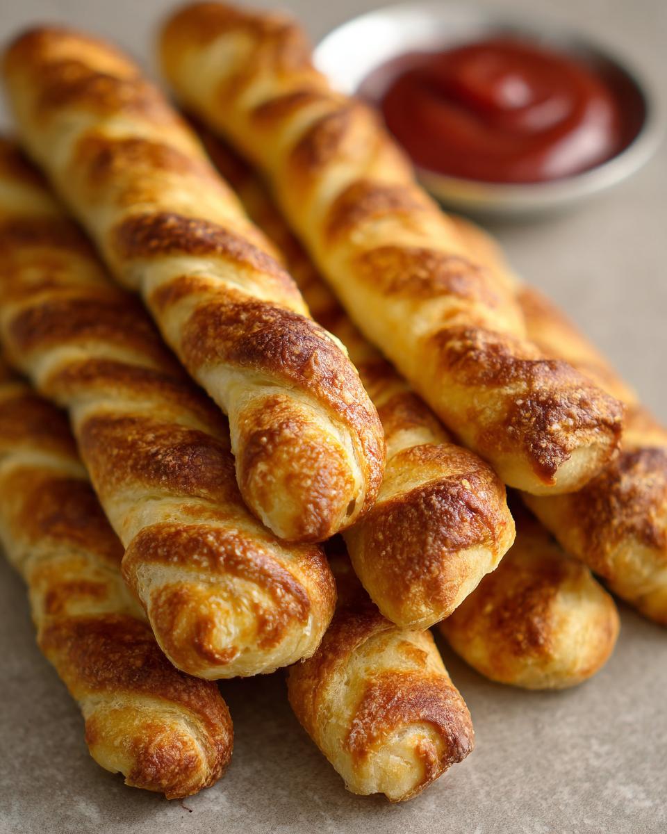 A pile of golden brown Witch-Finger Breadsticks with a bowl of red dipping sauce in the background.