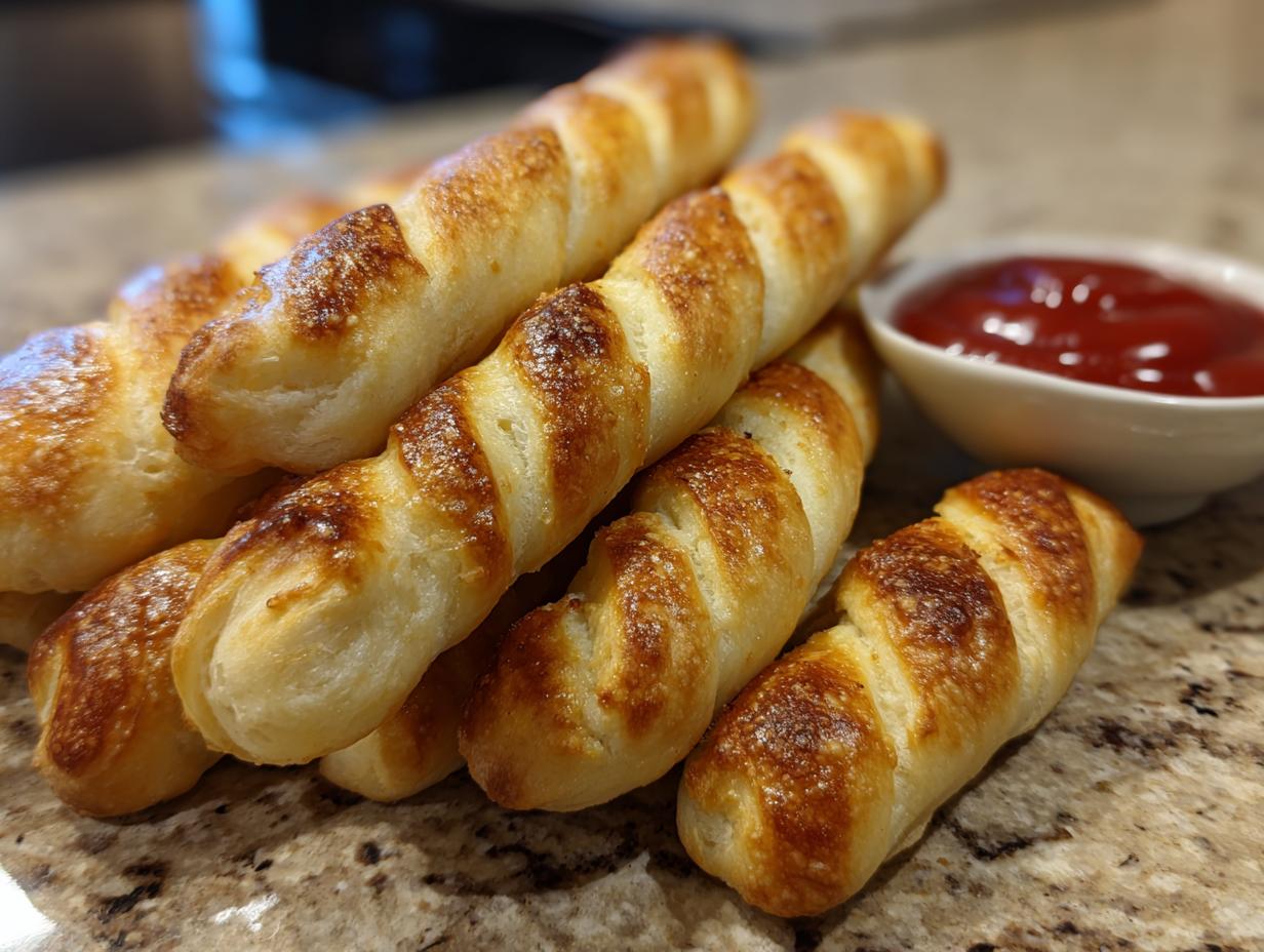 Pile of freshly baked Witch-Finger Breadsticks served with a side of dipping sauce.