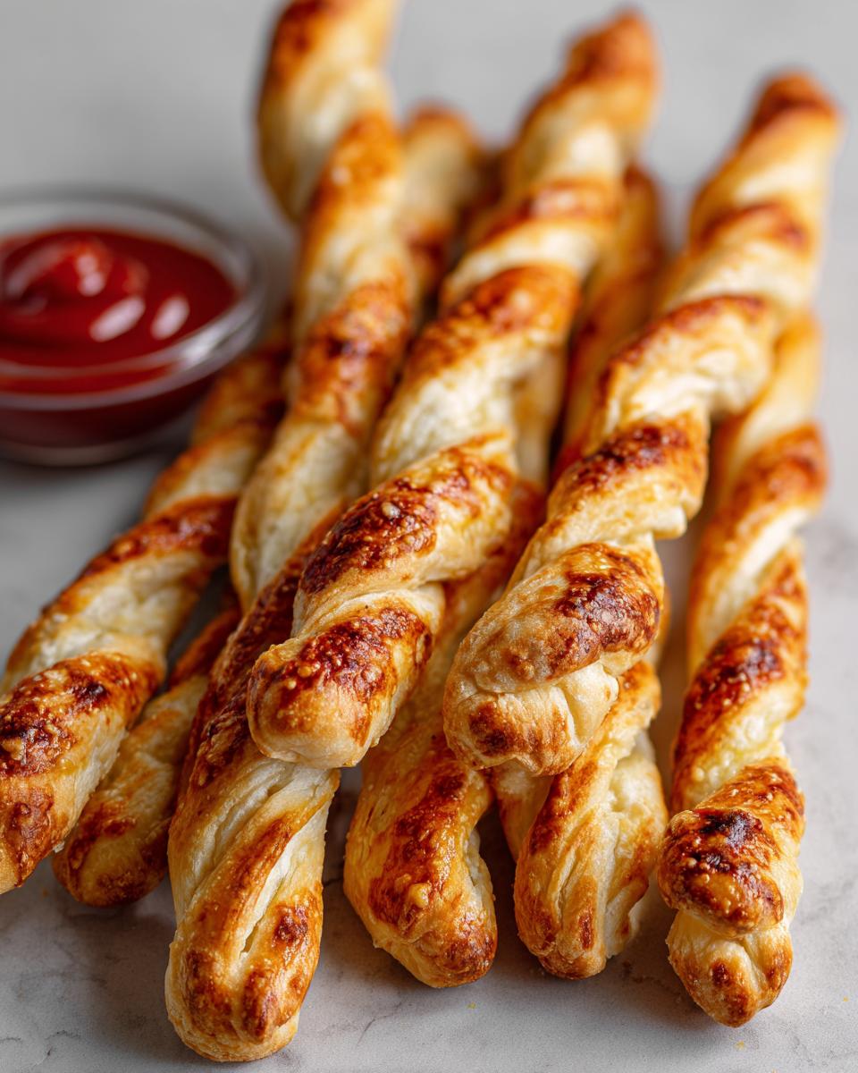 Close-up of twisted, golden Witch-Finger Breadsticks served with a side of dipping sauce.