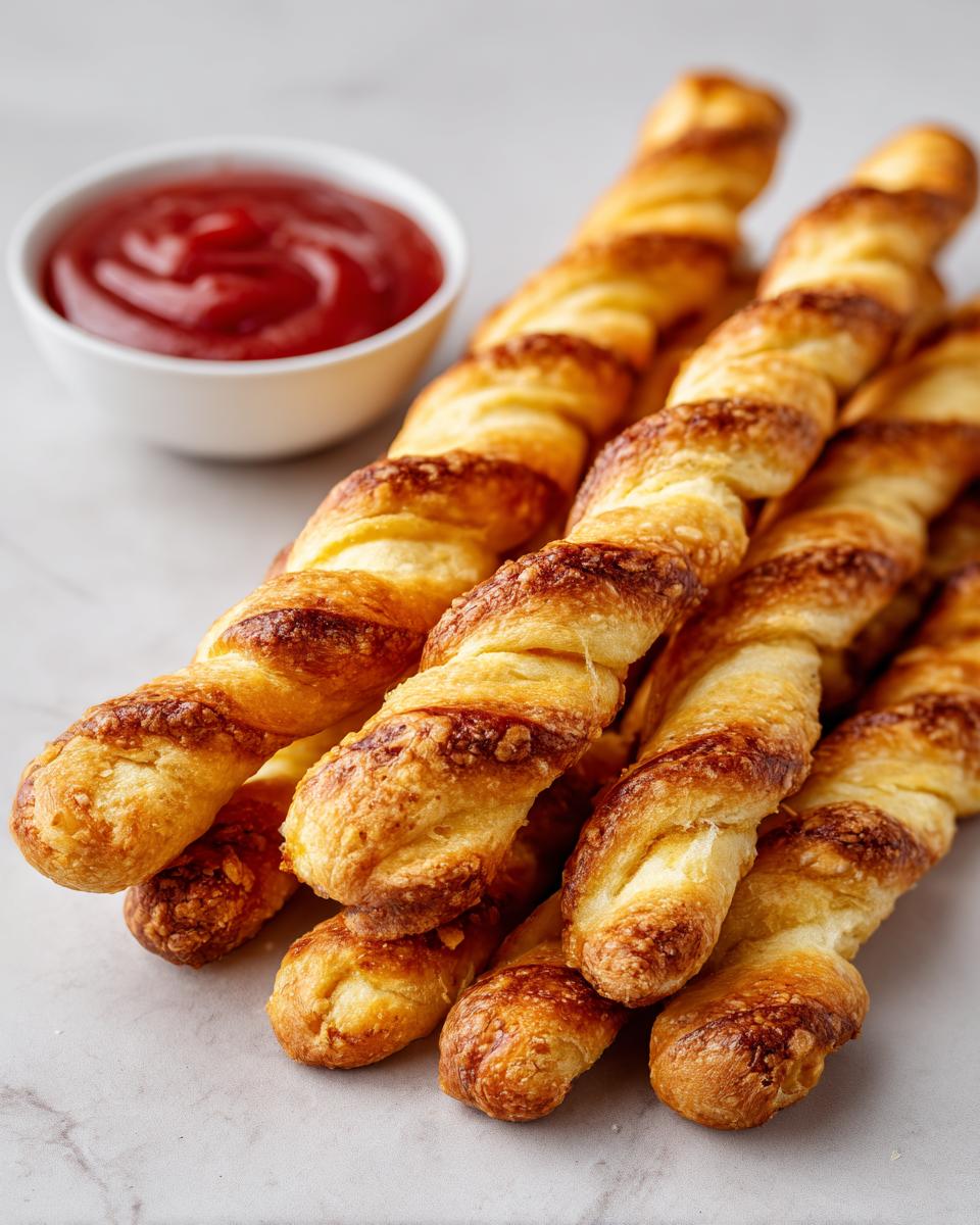Pile of golden, twisted Witch-Finger Breadsticks next to a bowl of red dipping sauce.