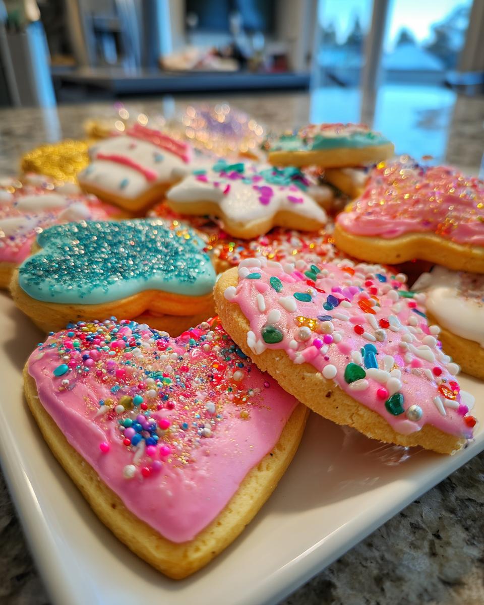 A close-up of a platter filled with 12 New Year's Eve cookies, decorated with colorful frosting and sprinkles.