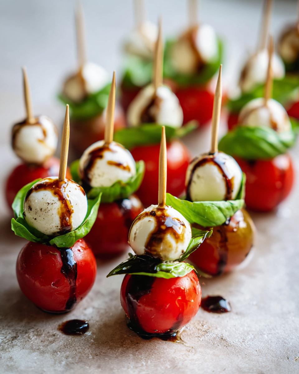 Close-up of 5-Ingredient Caprese Skewers featuring cherry tomatoes, mozzarella balls, basil, and balsamic glaze.