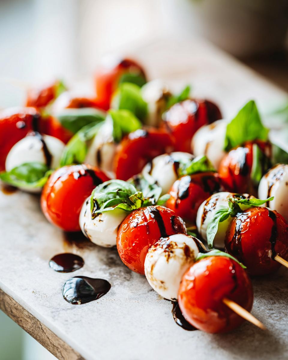 Close-up of 5-Ingredient Caprese Skewers featuring cherry tomatoes, mozzarella balls, fresh basil, and a drizzle of balsamic glaze.