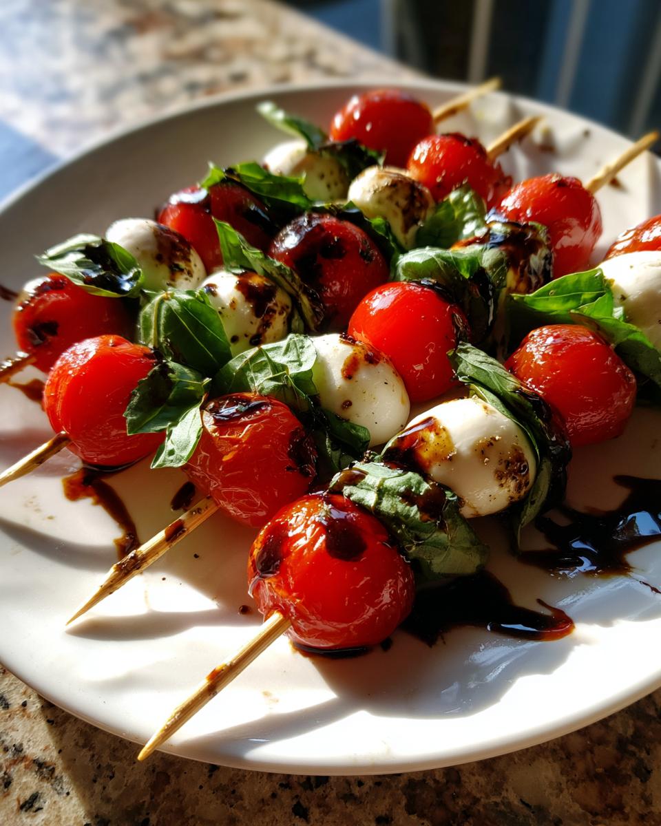 Close-up of 5-Ingredient Caprese Skewers featuring cherry tomatoes, mozzarella balls, basil, and a balsamic glaze drizzle.