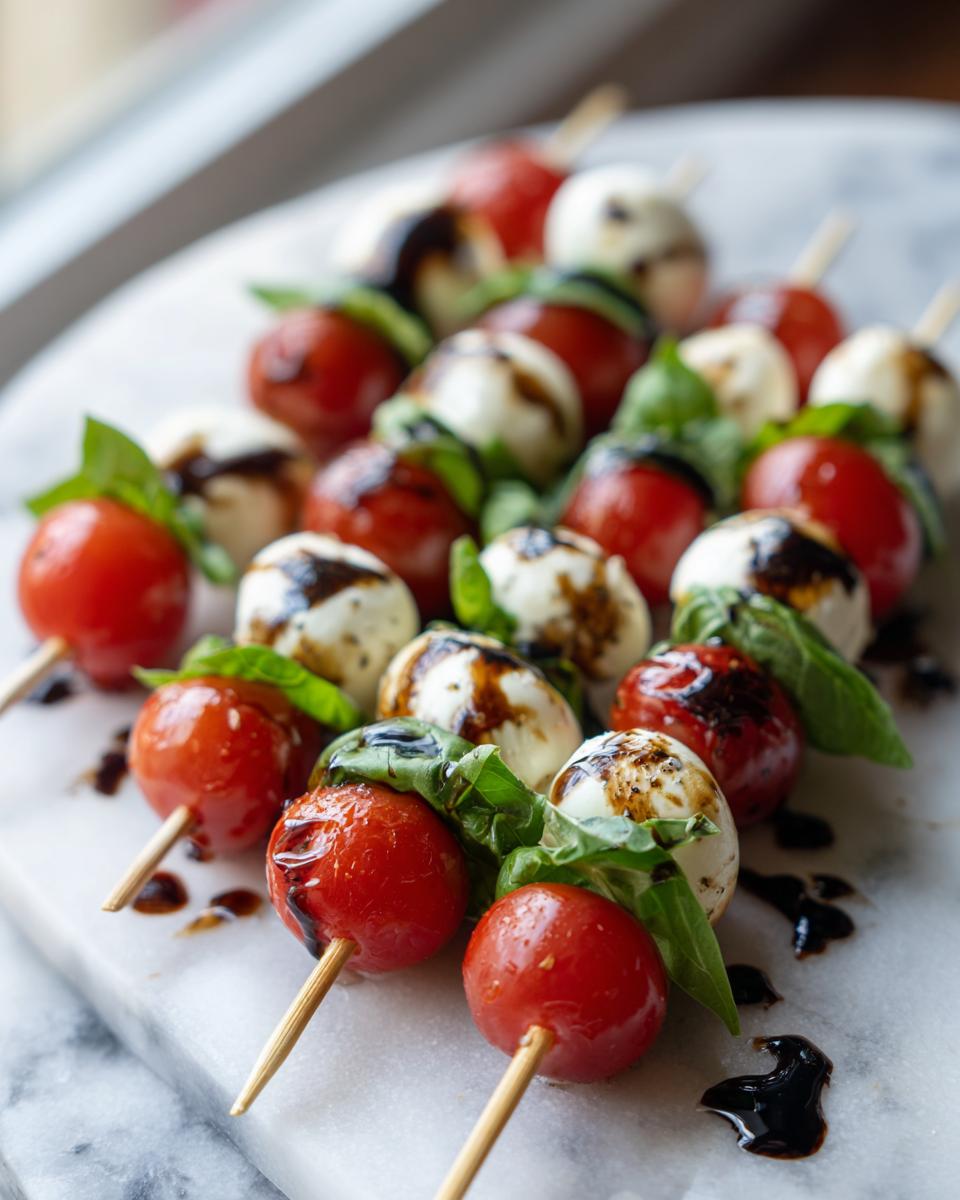 Close-up of 5-Ingredient Caprese Skewers with cherry tomatoes, mozzarella balls, basil, and balsamic glaze.