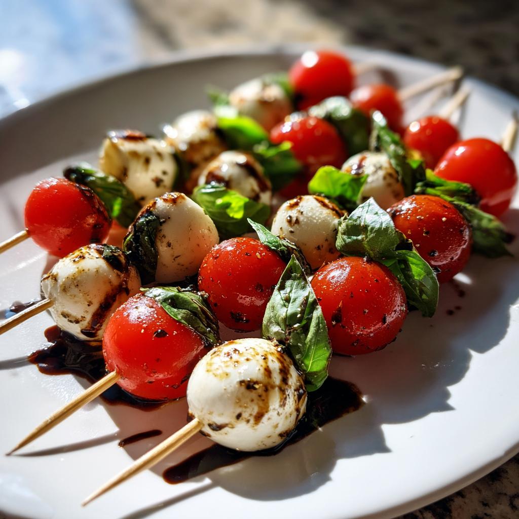 Close-up of 5-Ingredient Caprese Skewers with cherry tomatoes, mozzarella balls, basil, and balsamic glaze.