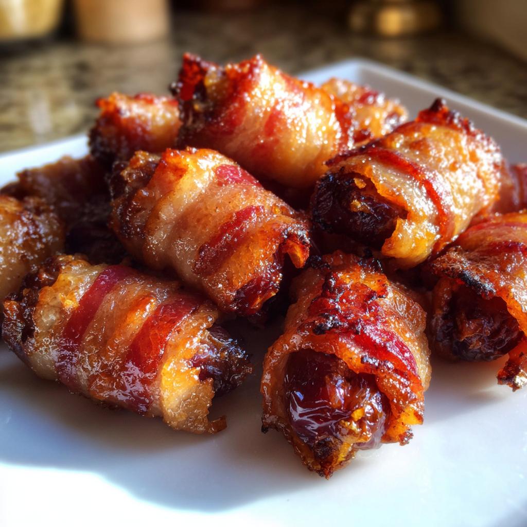 A close-up shot of a plate filled with crispy, golden-brown Bacon-Wrapped Dates.