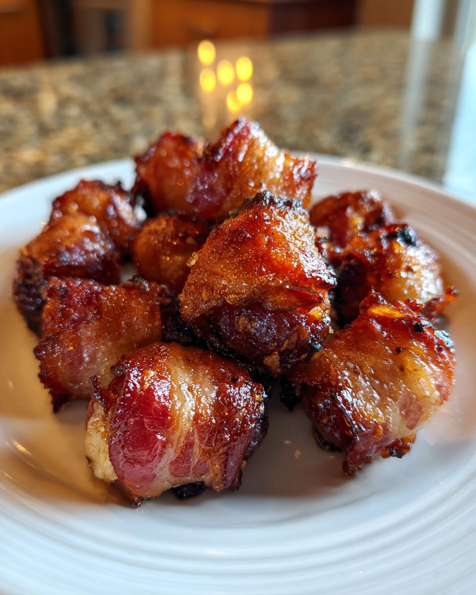 A close-up of a pile of golden-brown Bacon-Wrapped Dates on a white plate, glistening and ready to be served.