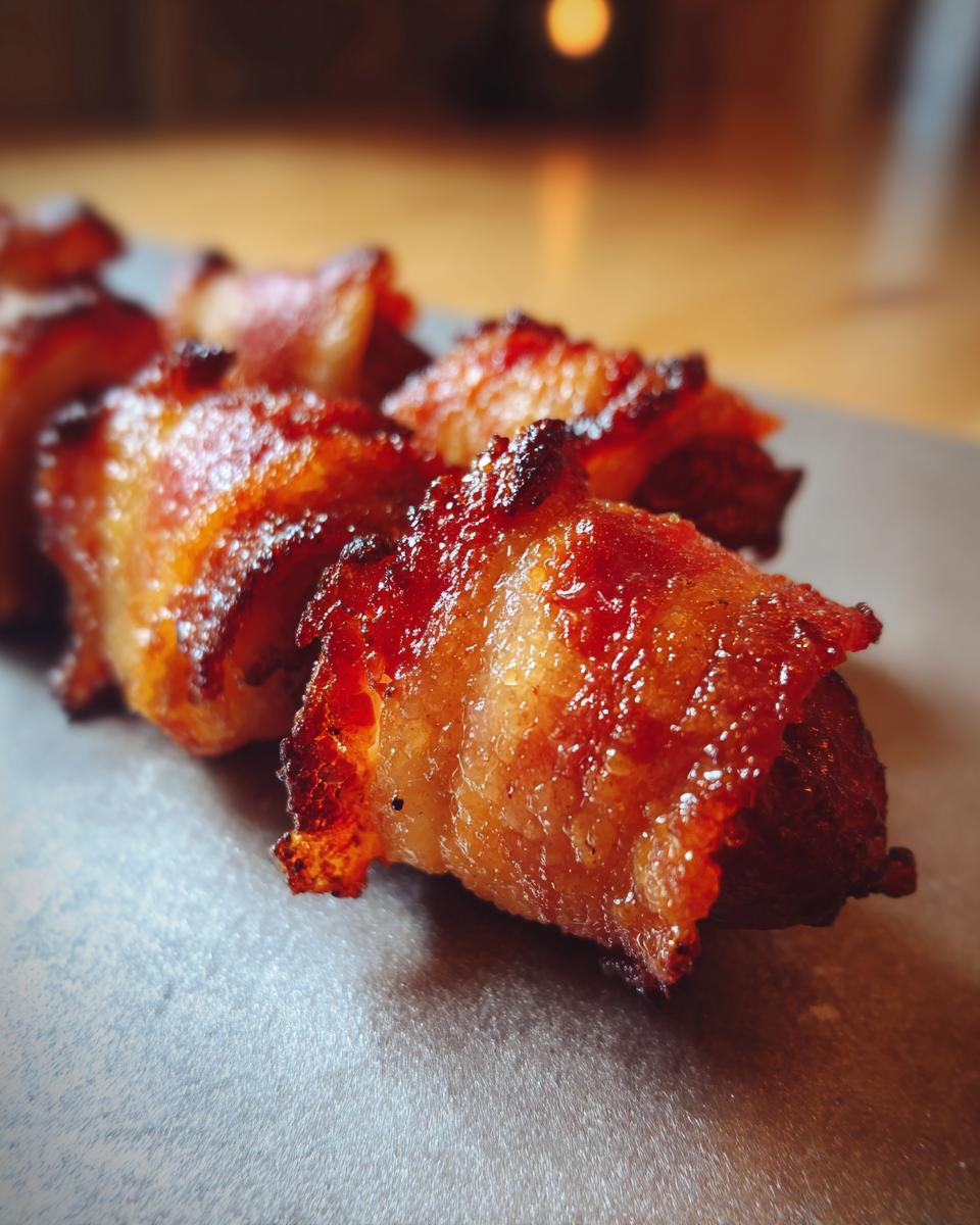 Close-up of perfectly cooked Bacon-Wrapped Dates, glistening and golden brown on a textured plate.