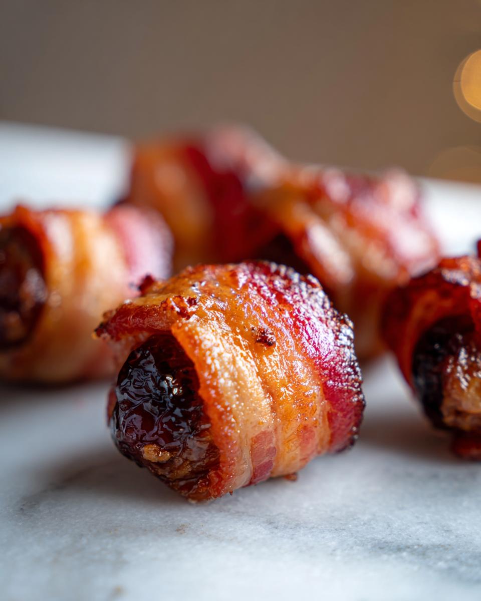 Close-up of a perfectly cooked Bacon-Wrapped Date, showing crispy bacon and a glistening date filling.