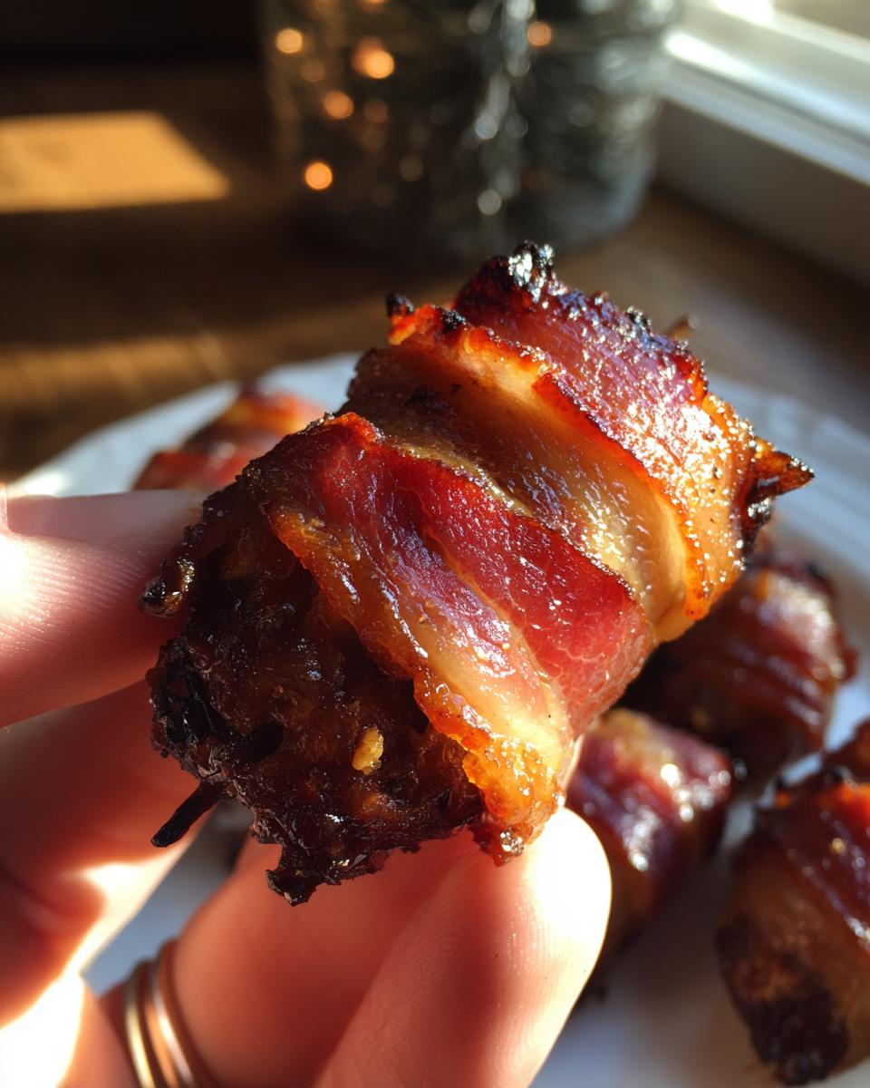 Close-up of a hand holding a perfectly cooked Bacon-Wrapped Date, showing crispy bacon and sweet date filling.