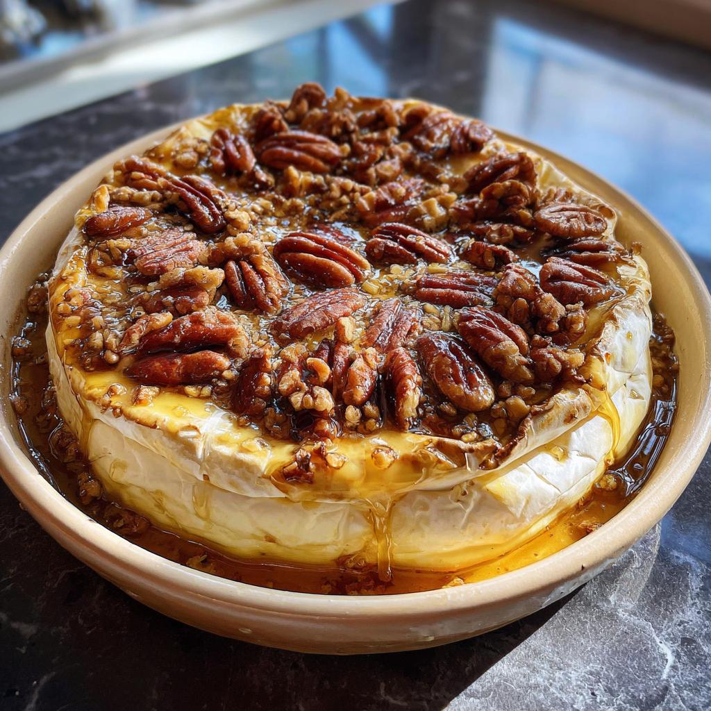A whole Baked Brie with Honey and Pecans, glistening with honey and topped with toasted nuts.