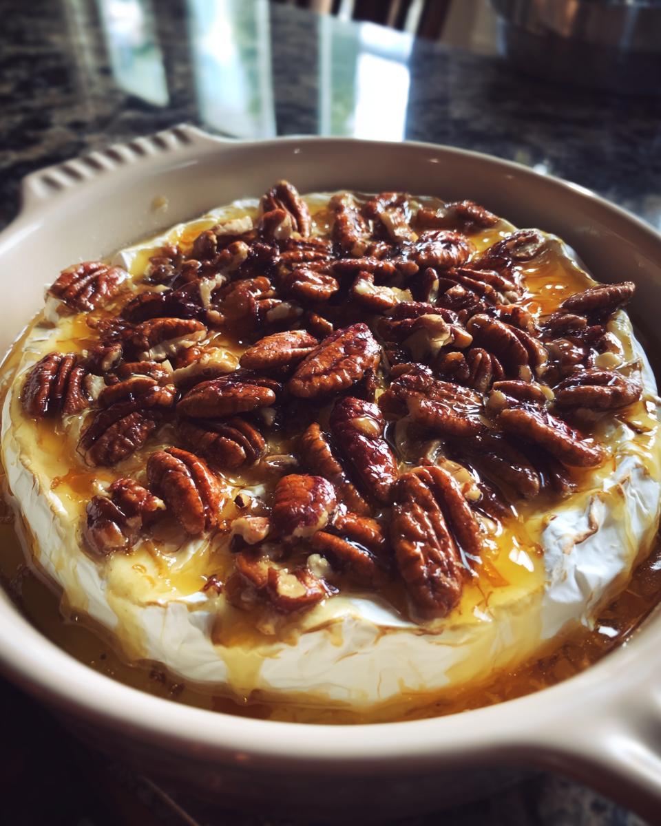Close-up of baked brie topped with honey and pecans in a baking dish.